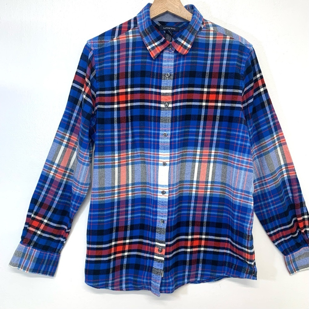 Lands End Flannel Plaid Shirt Woman‎ 10/12  Button Up Blue Cotton Casual Western